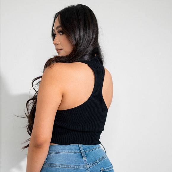 New-Black Knit Halter Crop Top - Stretchy & Soft - Picture 2 of 5